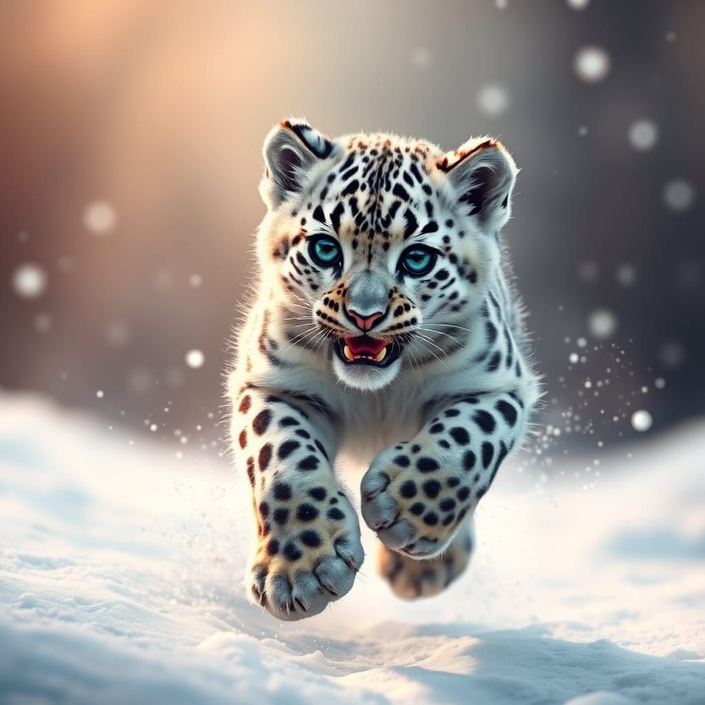 Surreal Snow Leopard Cub Plays in the Snow