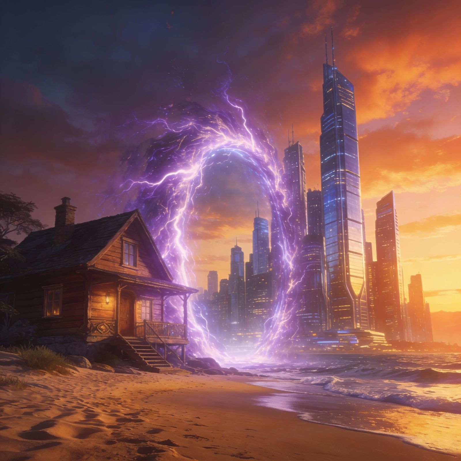Ethereal Portal Connects Beach Sunset To Futuristic City