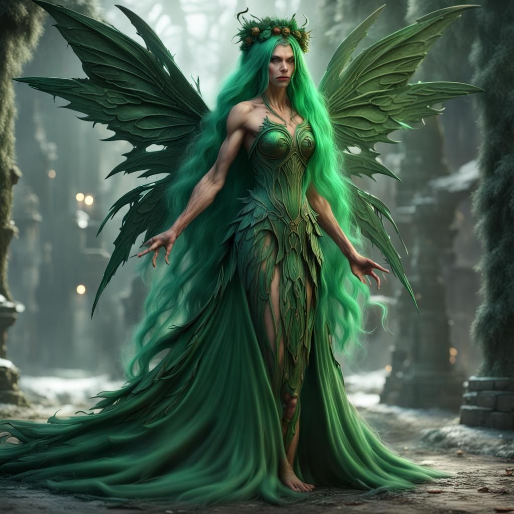 Hyperrealistic Evil Fairy with Christmas Tree Hair