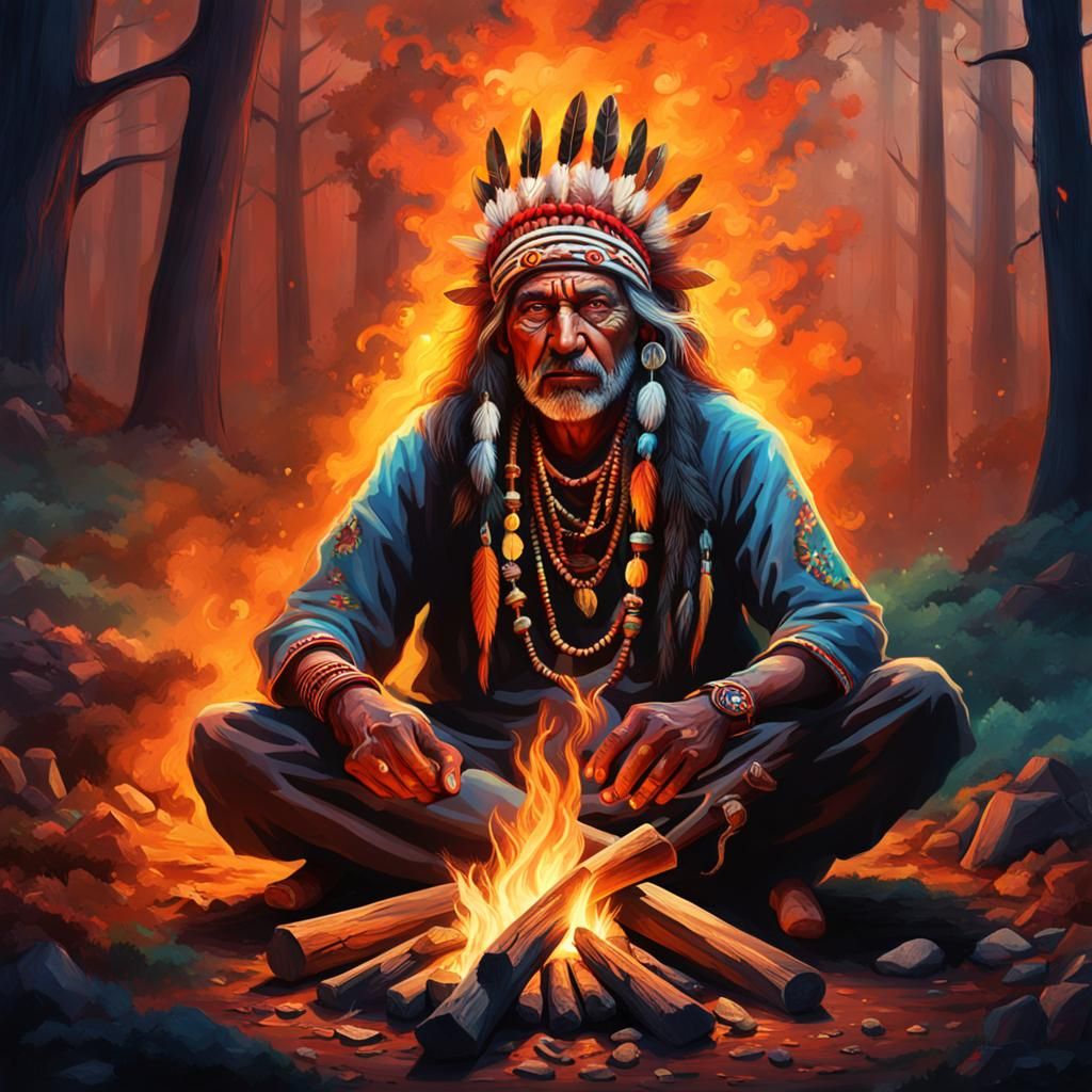 Indian Shaman Invoking Forest Spirits, Hyperrealistic Art