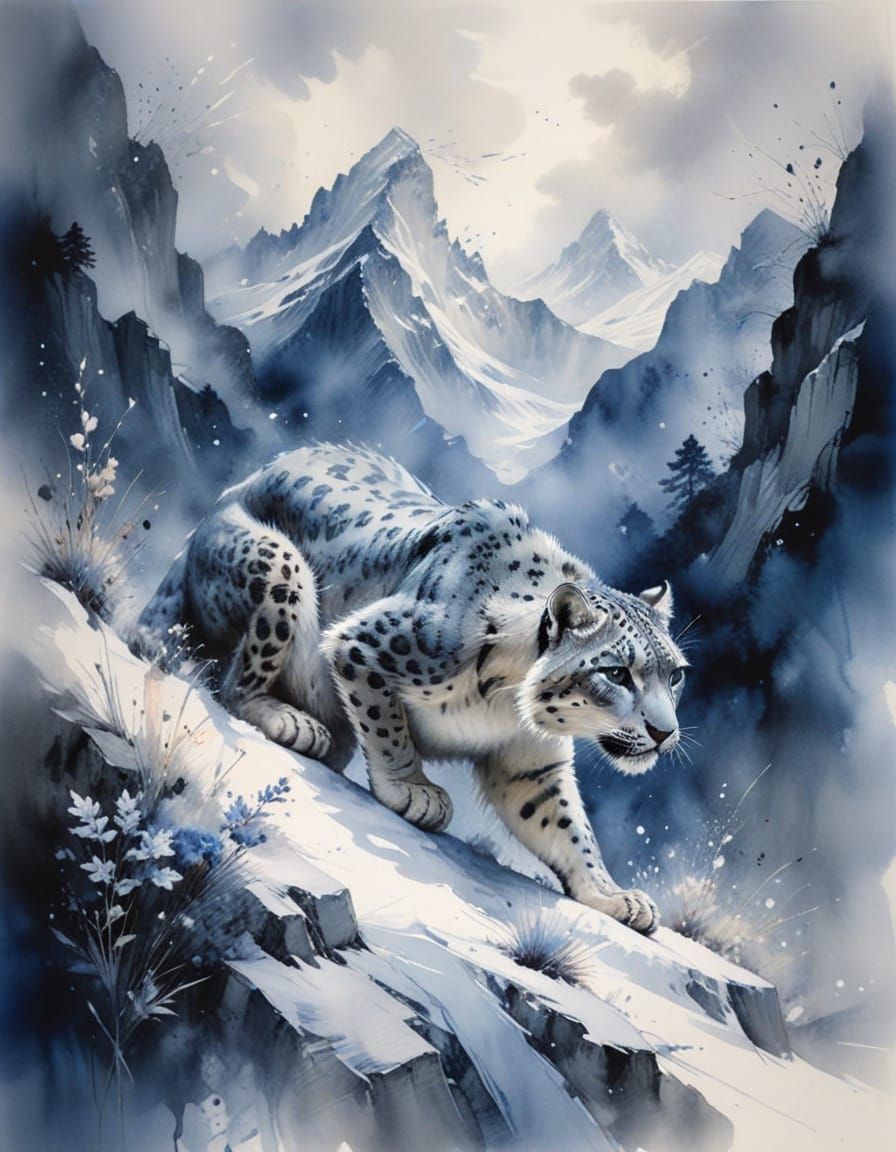 Snow Leopard in Misty Indigo Mountain Pass