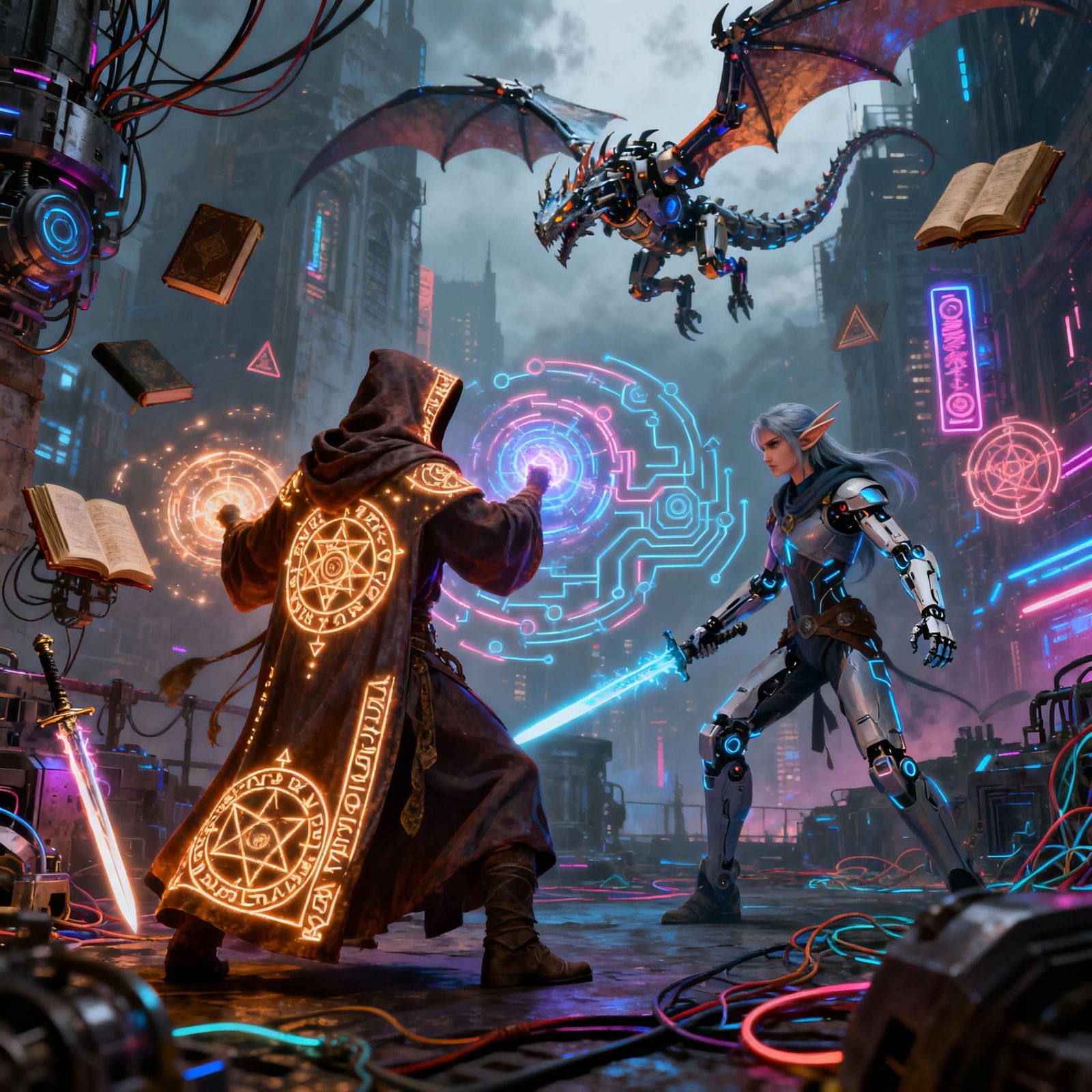 Cyberpunk Technomage vs Elf Warrior in Dystopian City