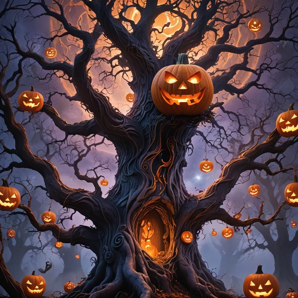 Glowing Jack-O-Lantern on Mystical Tree: Fantasy Art