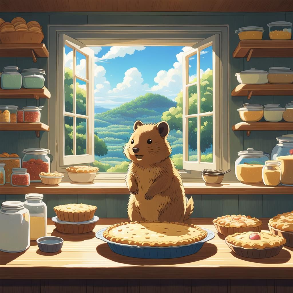 Quokka, baking pie, at bakery, windowsill