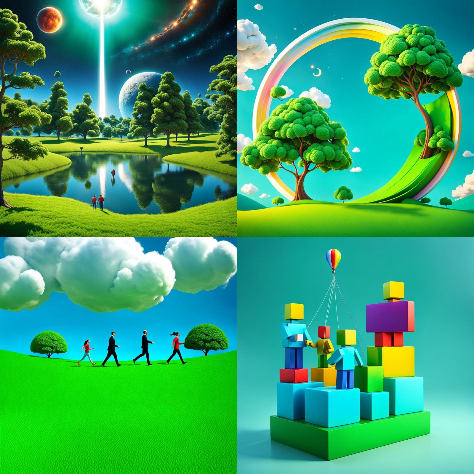UFO Over Cheerful Landscape in Stylized 3D