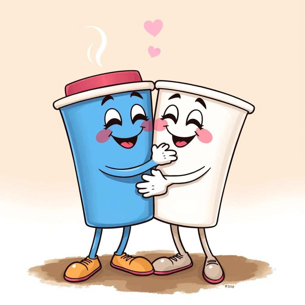Two Happy Coffee Cups Hugging