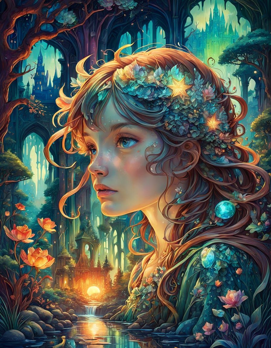 Ethereal Dreamscapes: Warm Castle Amidst Sunset Forest