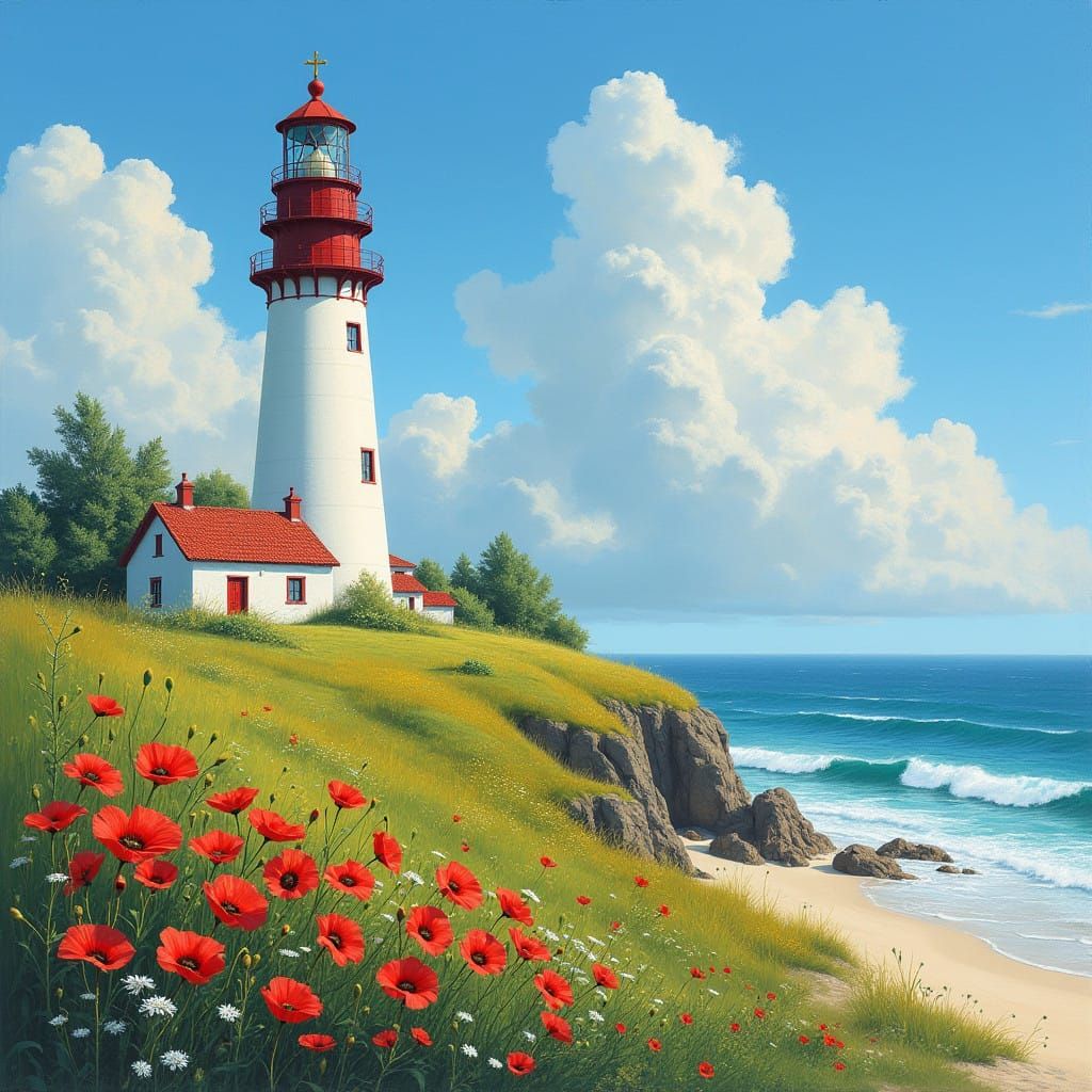 Majestic White Lighthouse Amidst Emerald Hillside with Wildf...