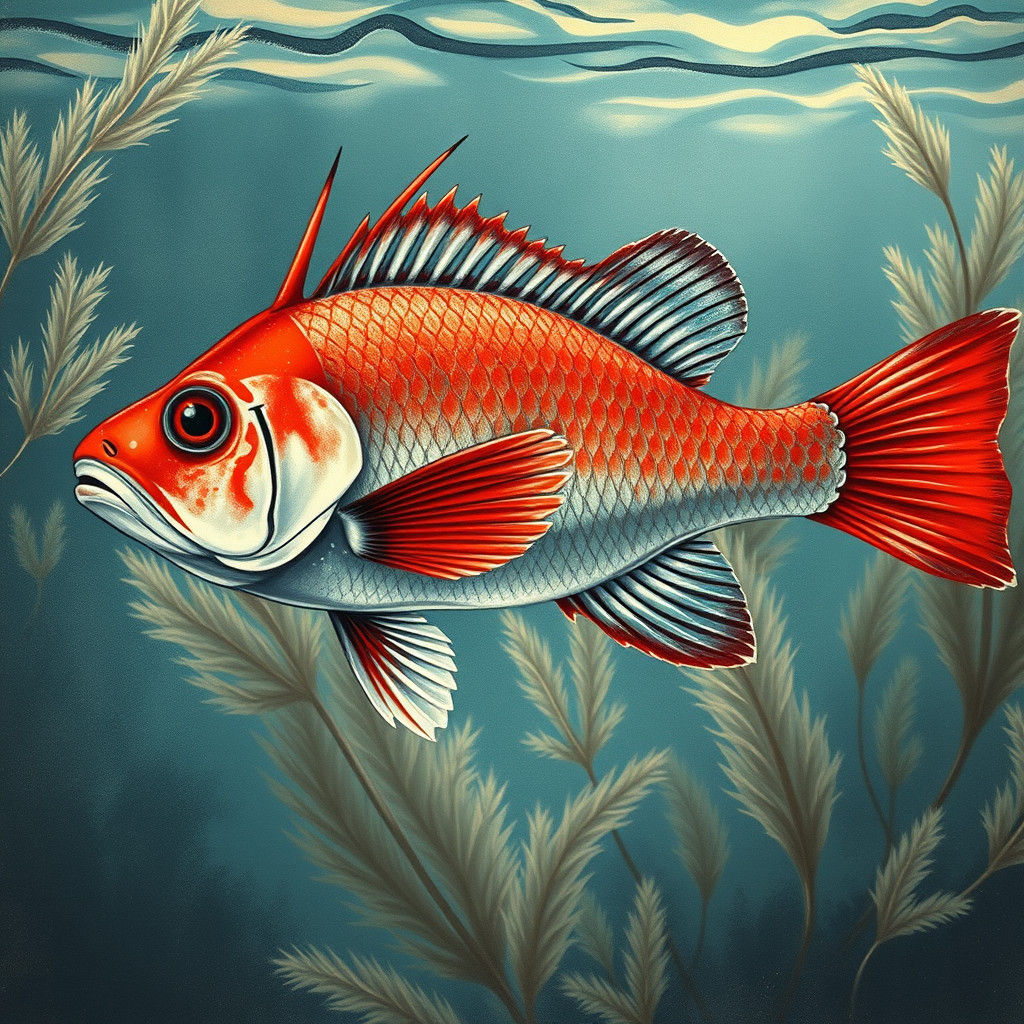 Gyotaku Style Cardinalfish with Underwater Scene