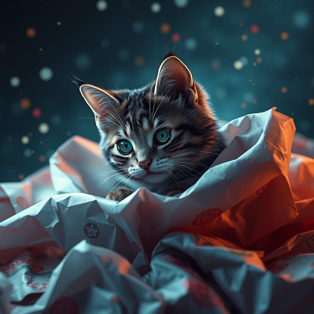 Cat Emerging from Wrapping Paper, Detailed Fantasy Scene in....