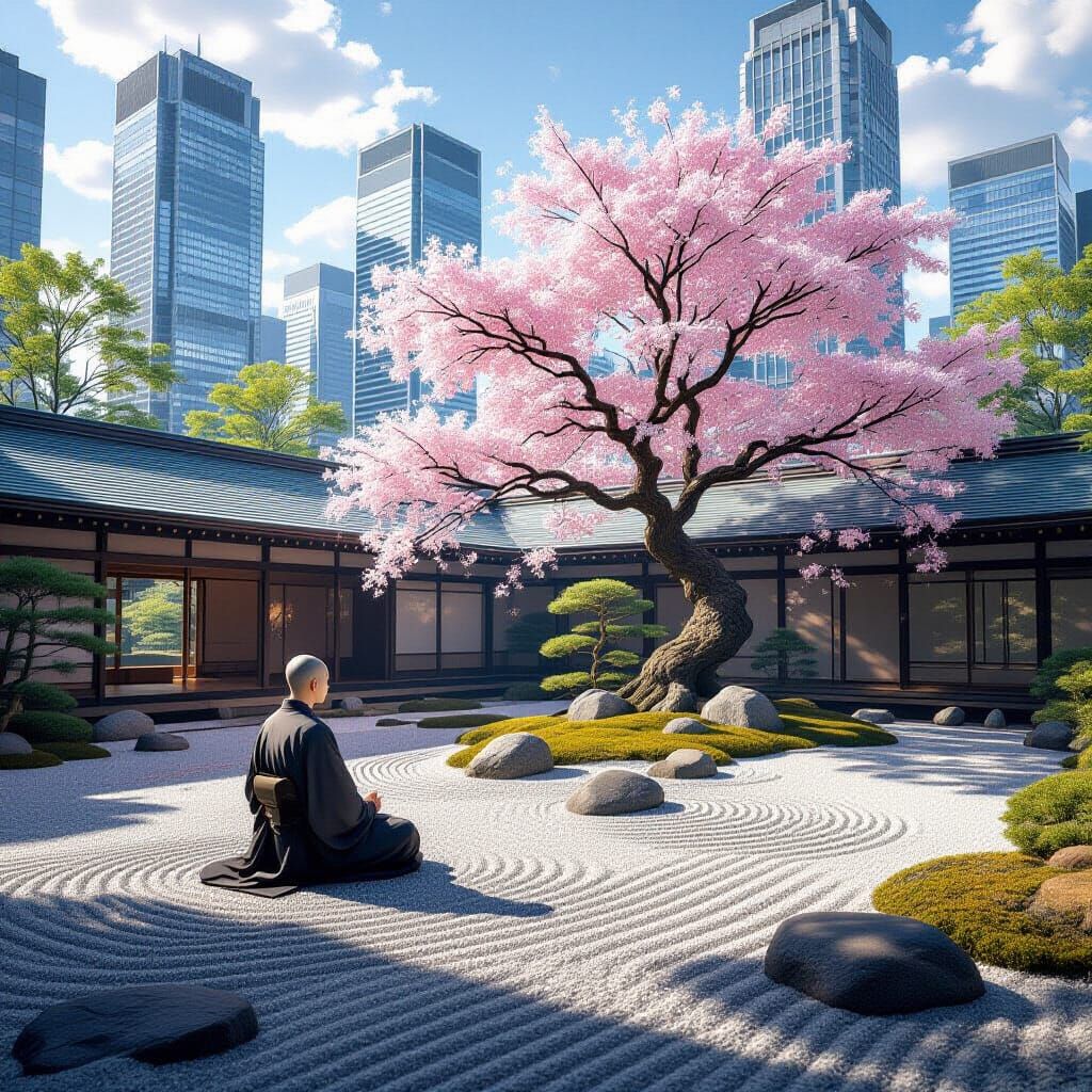 Zen Garden in Futuristic City, Ghibli Style