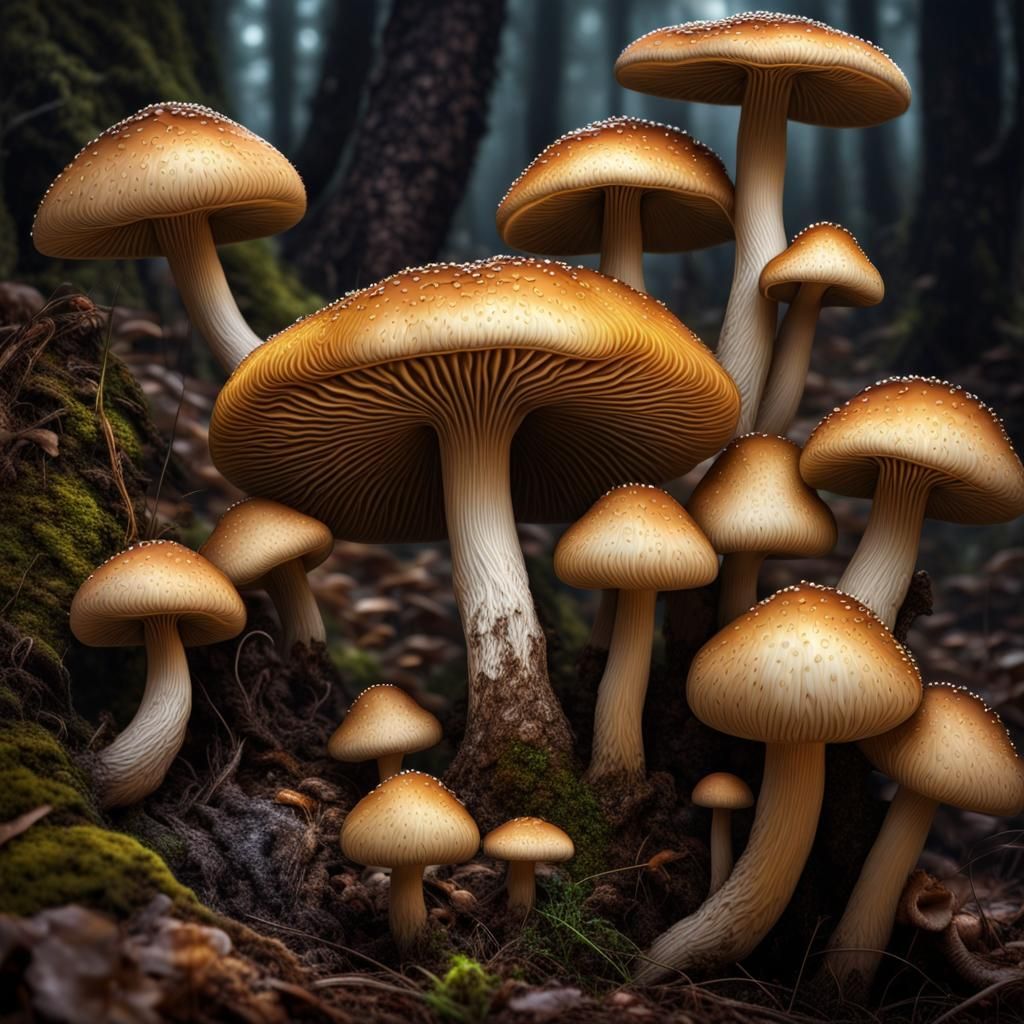 Golden Luminescent Mushroom Fantasy in Hyperrealism
