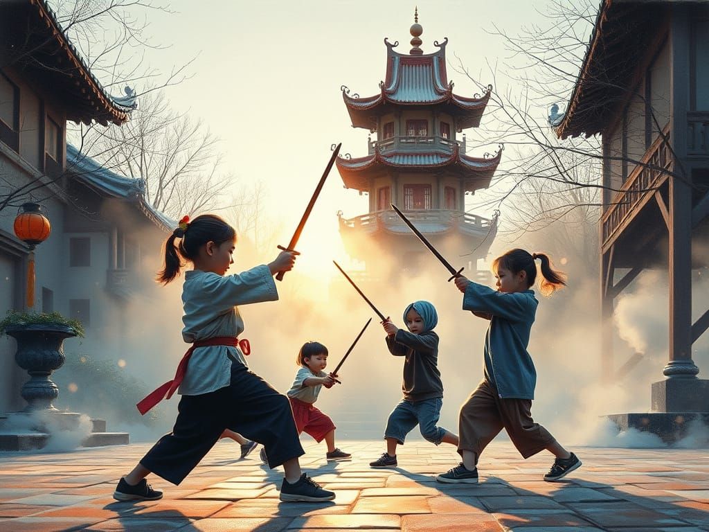 Children Training in a Misty Chinese Garden