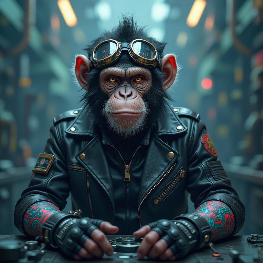 Cyborg Monkey Mechanic with Hyperreal Tattoos