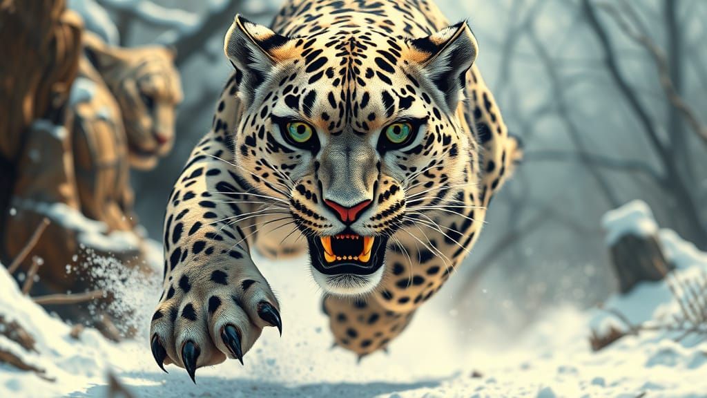 Fierce Snow Leopard Attack in Ornate Illustration Style