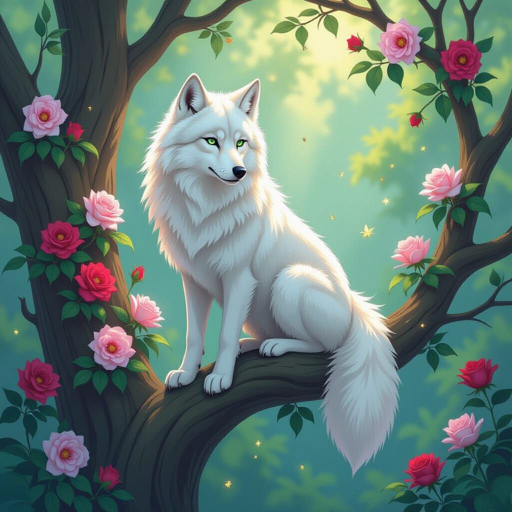 Enchanted White Wolf in Art Nouveau Style