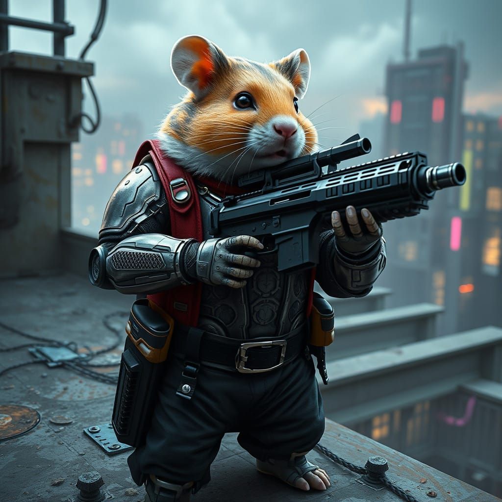 A realistic, full-body sci-fi armored hamster soldier, adorned with a silver and red metallic harness, wields a formidab...