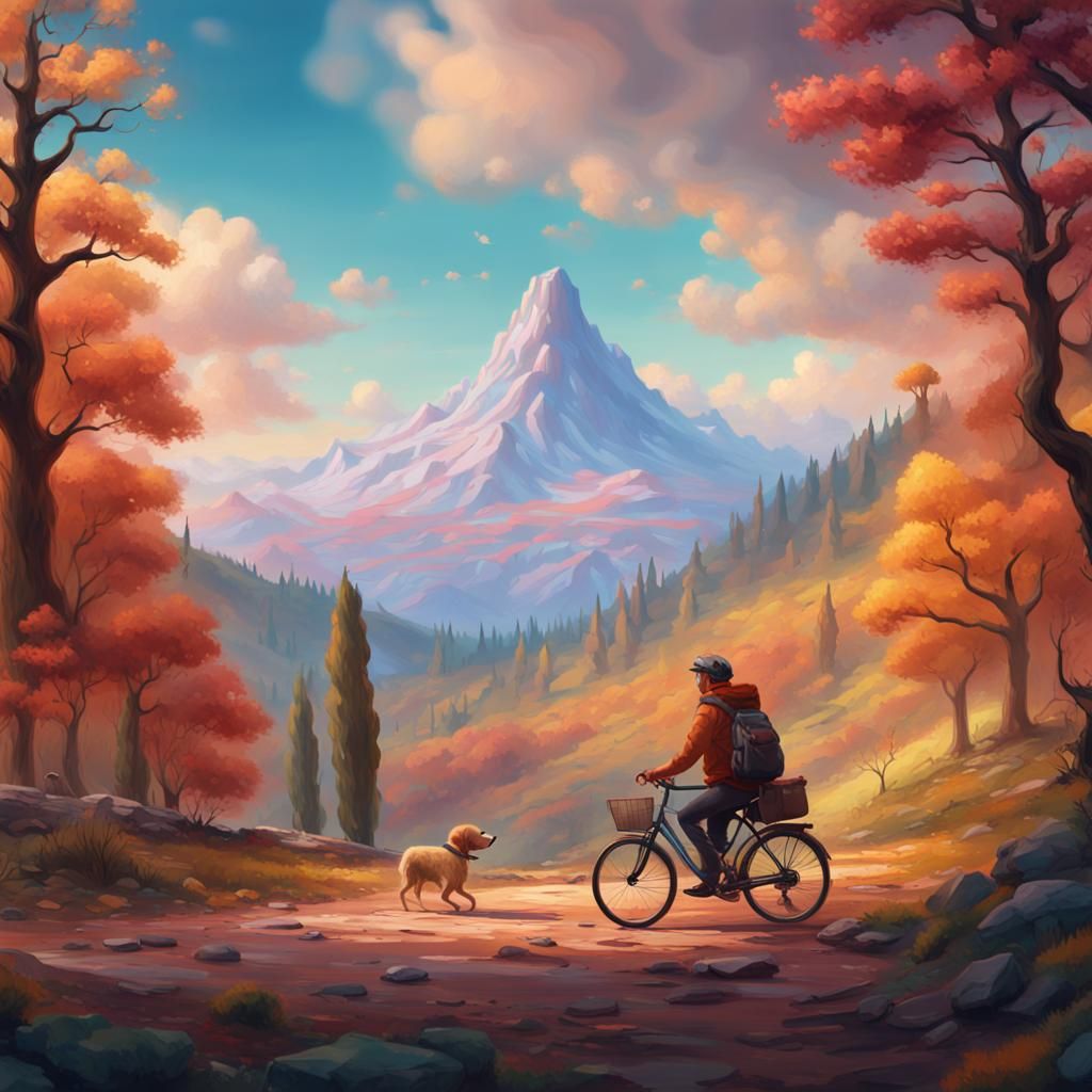 Impressionistic Mountain Scene with Dog on Bike