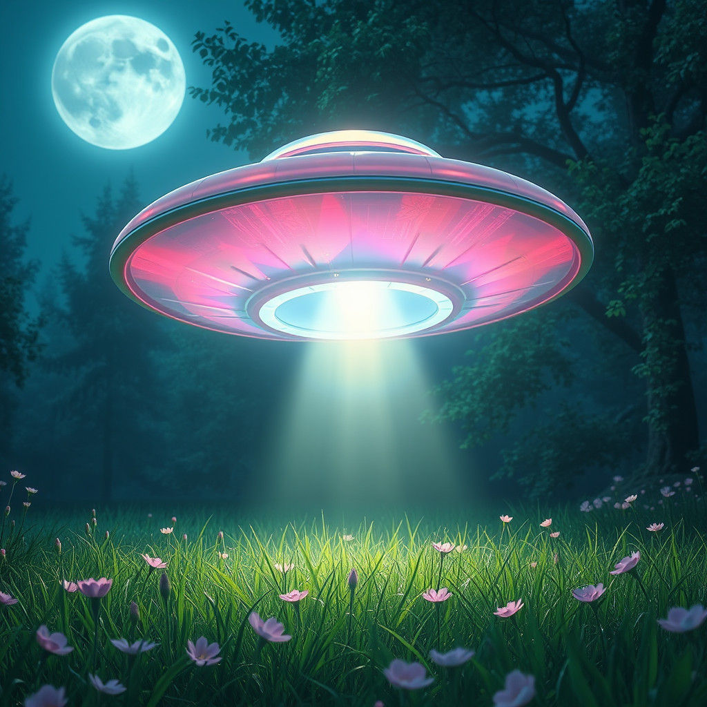 Ethereal UFO Landing in Moonlit Garden
