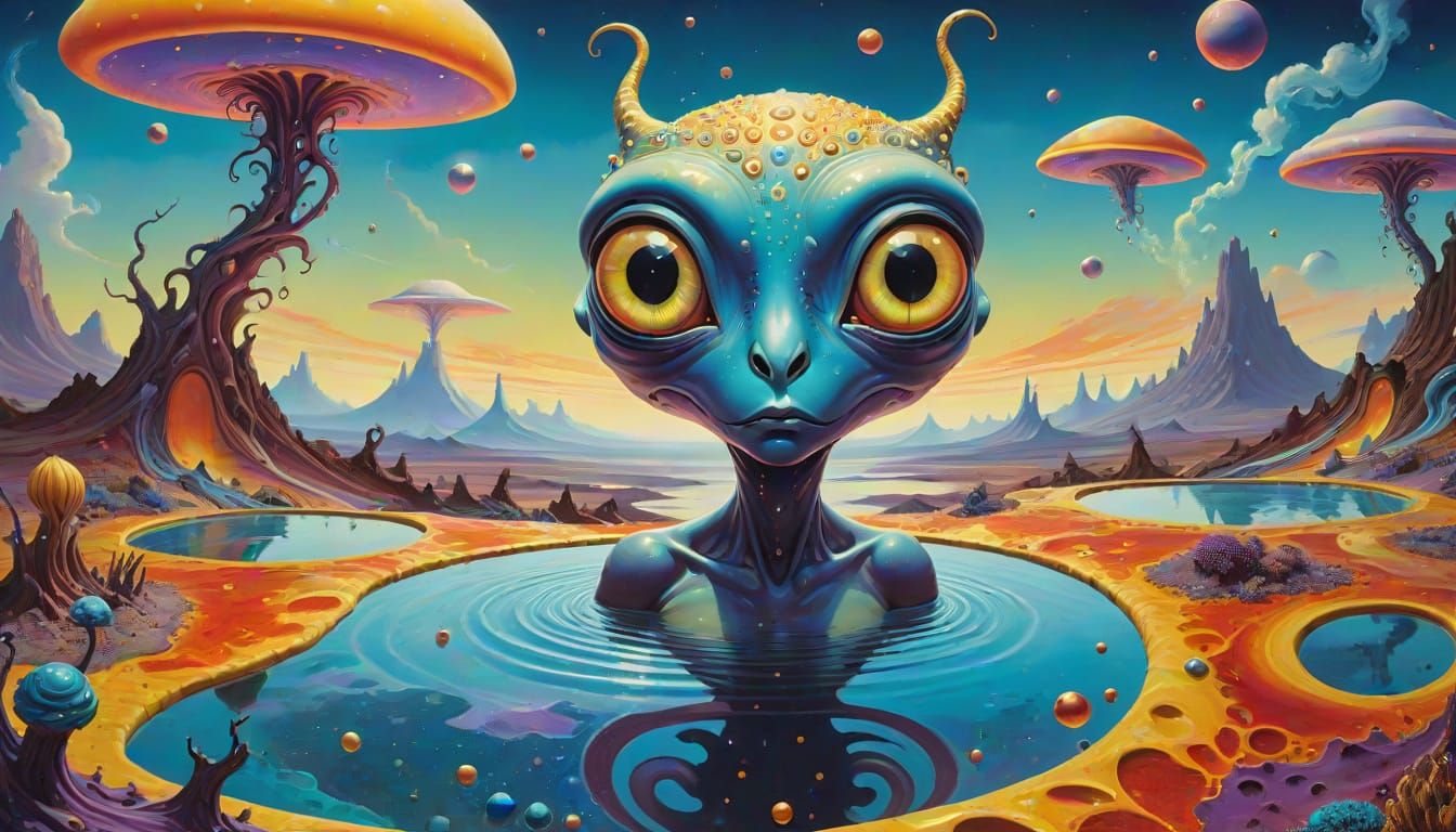 Surreal Alien Landscape with Iridescent Creature