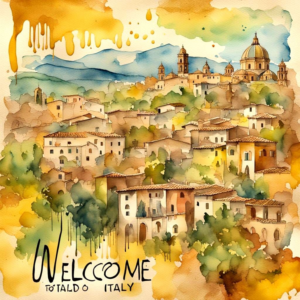 Vintage Watercolor Postcard of Italian Autumn Cityscape