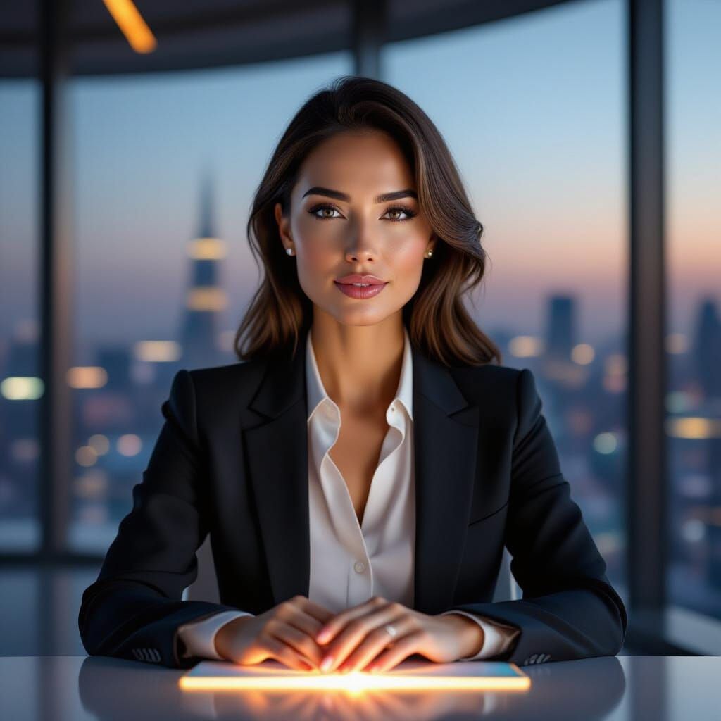 Sophisticated Businesswoman in High-Tech Office with Hologra...