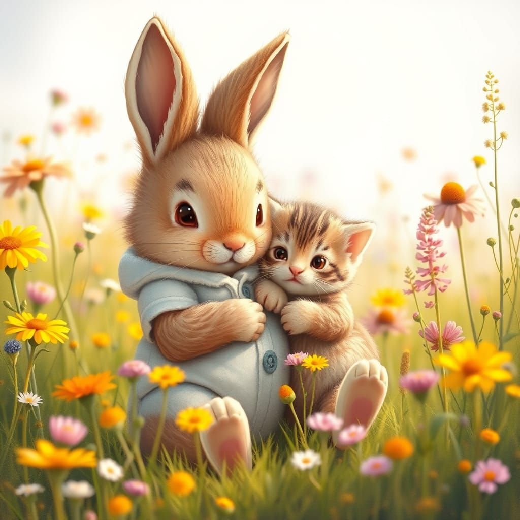 Bunny and Kitten Cuddle in Sunny Meadow