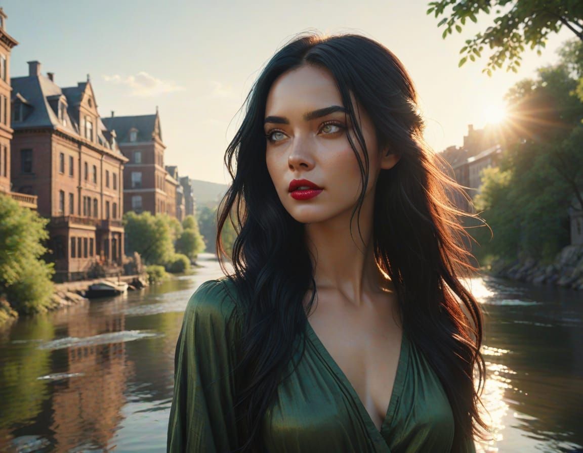 Confident Young Woman by River at Sunset in a Cinematic Digi...