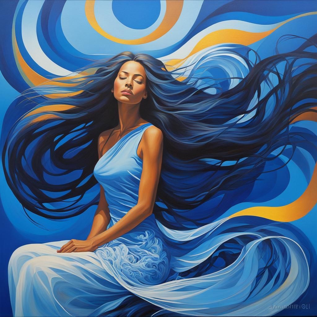 "abstract oil painting on canvas depicting a woman sitting with long flowing hair that should be carried by the breeze a...