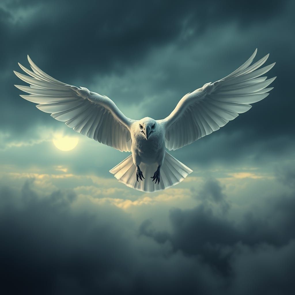 Majestic White Raven in Flight with Outstretched Wings