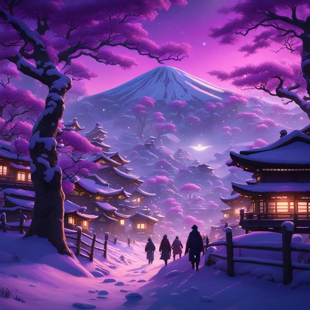 Fantasy Japan Village in Tree with Purple Glow