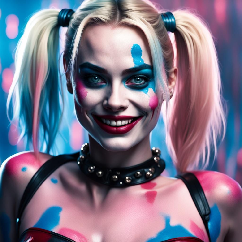 Harley Quinn Portrait in Pink and Blue Paint