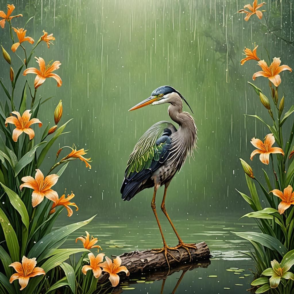 Moorish Heron with Iris Branch in Japanese Style