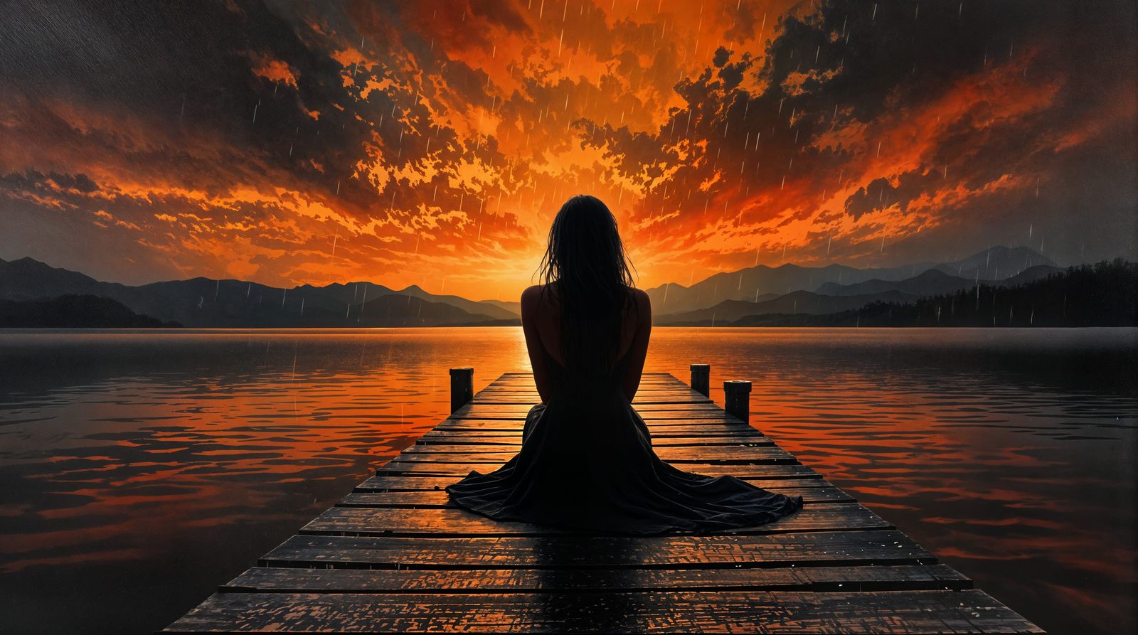 Ethereal Woman on Pier Amid Fiery Sunset