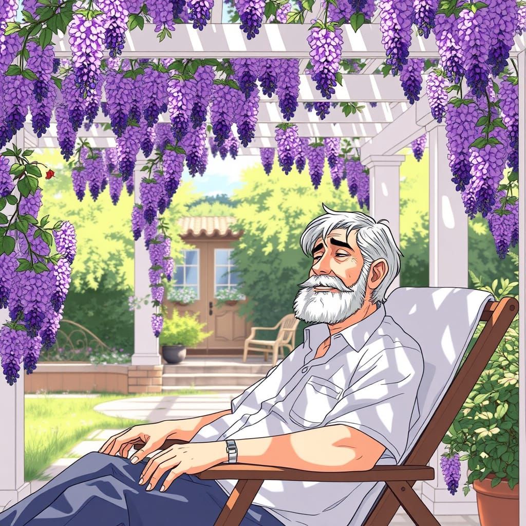 Italian Geologist Resting in Wisteria Shade, Anime Style