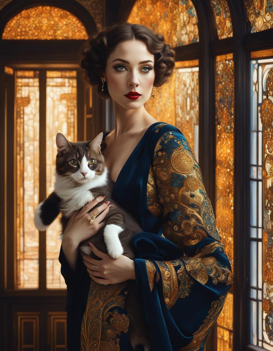 Lady with Cat in Klimt Inspired Art Nouveau Style