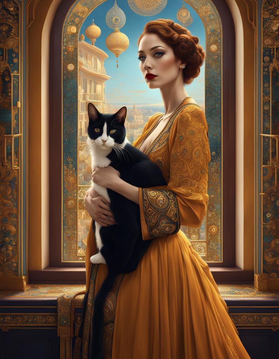 Lady with Cat in Klimt Style Art Nouveau