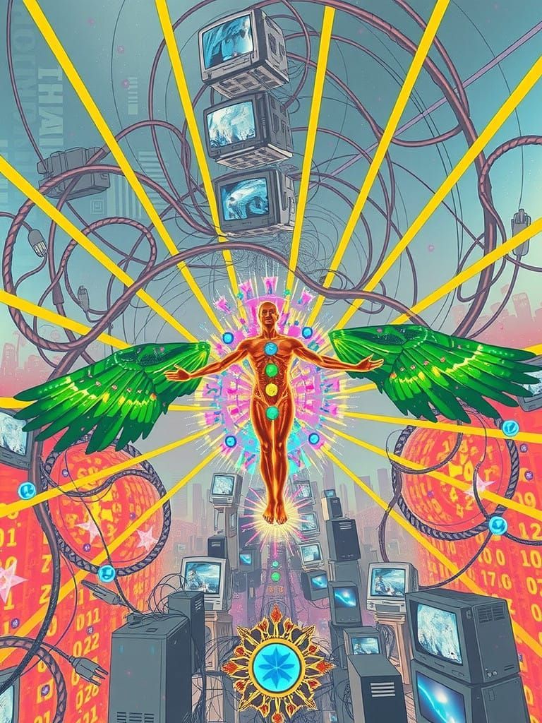 Man in Radiant Energy-Biofield with Wings, Cyberpunk Citysca...