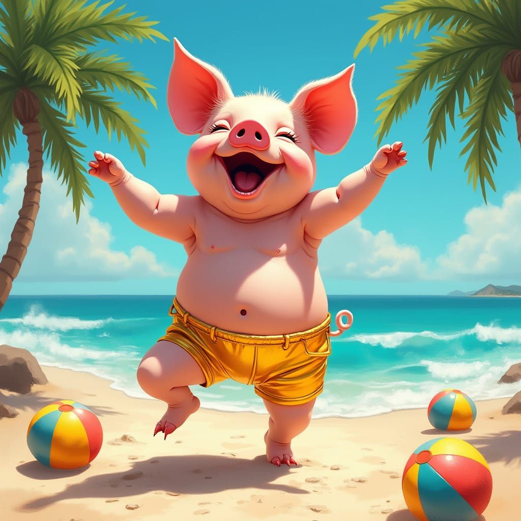Vibrant Pig in Futuristic Beach Scene