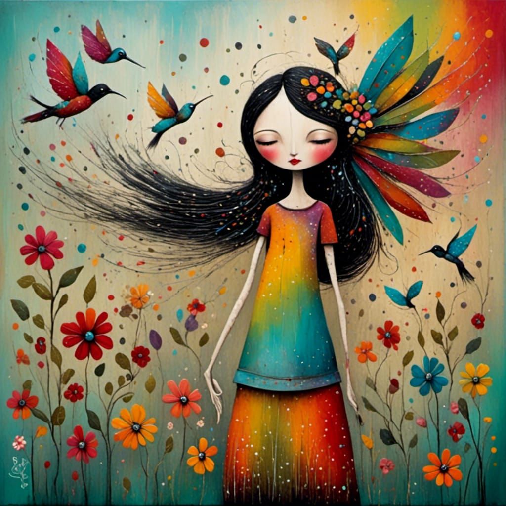 Hippie Woman Paints Rainbow in Pop Surrealism Style