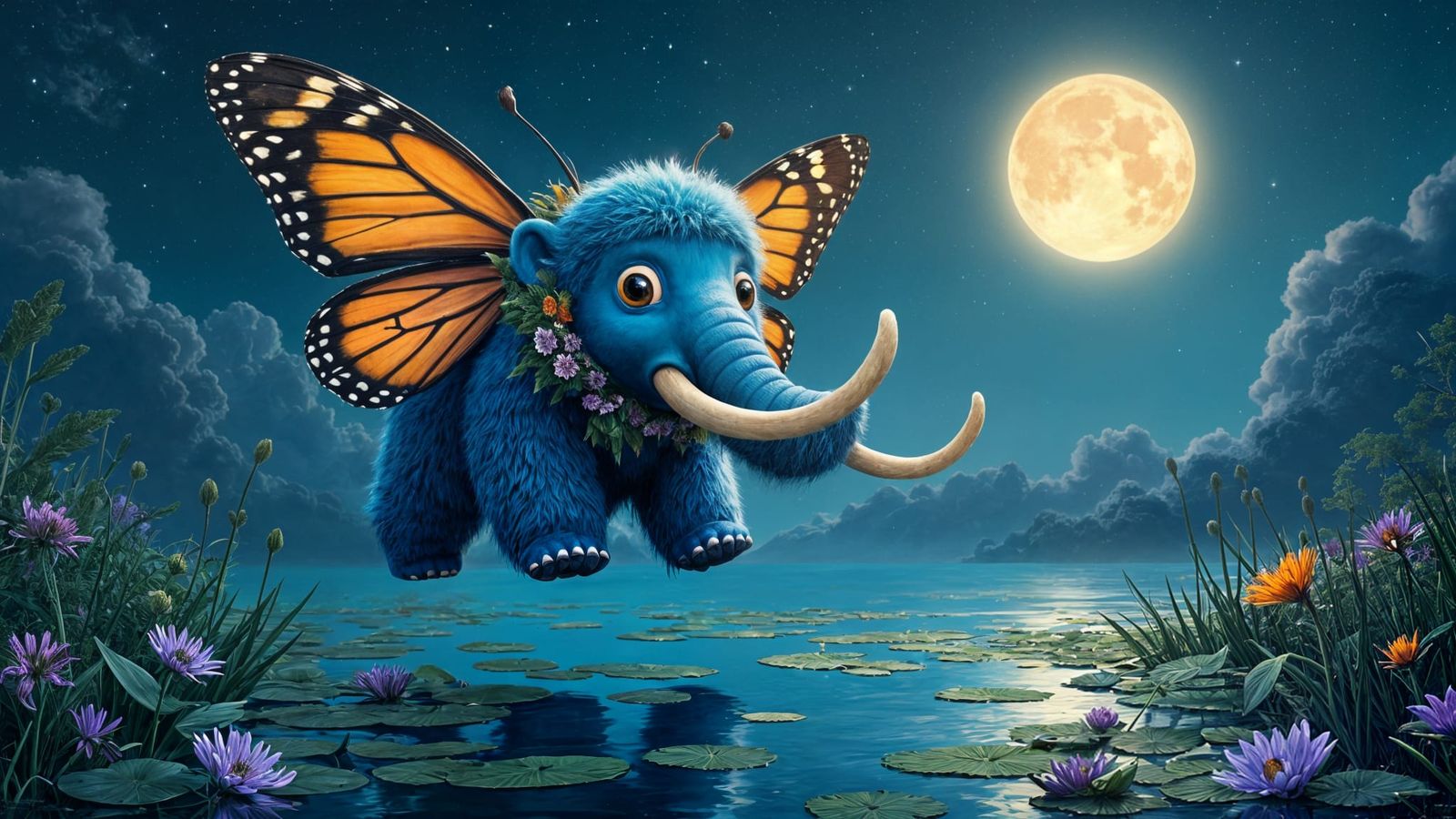 Woolly Mammoth with Butterfly Wings Soaring at Night