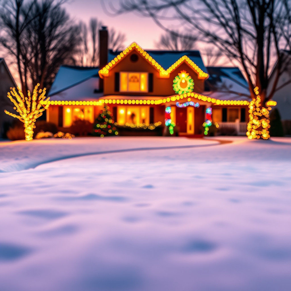 Festive Christmas Lights on Suburban House at Dusk