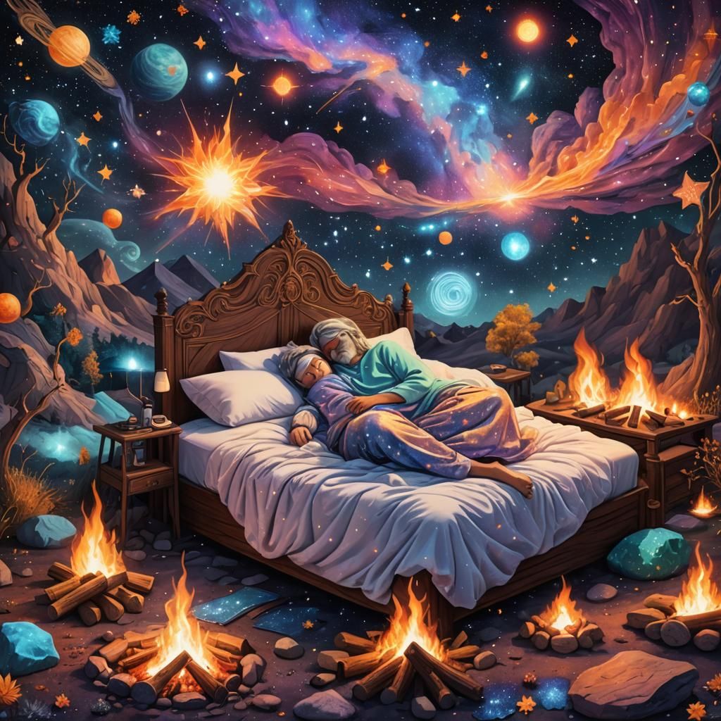 Dreamy Campfire Scene with Astral Cosmic Stars