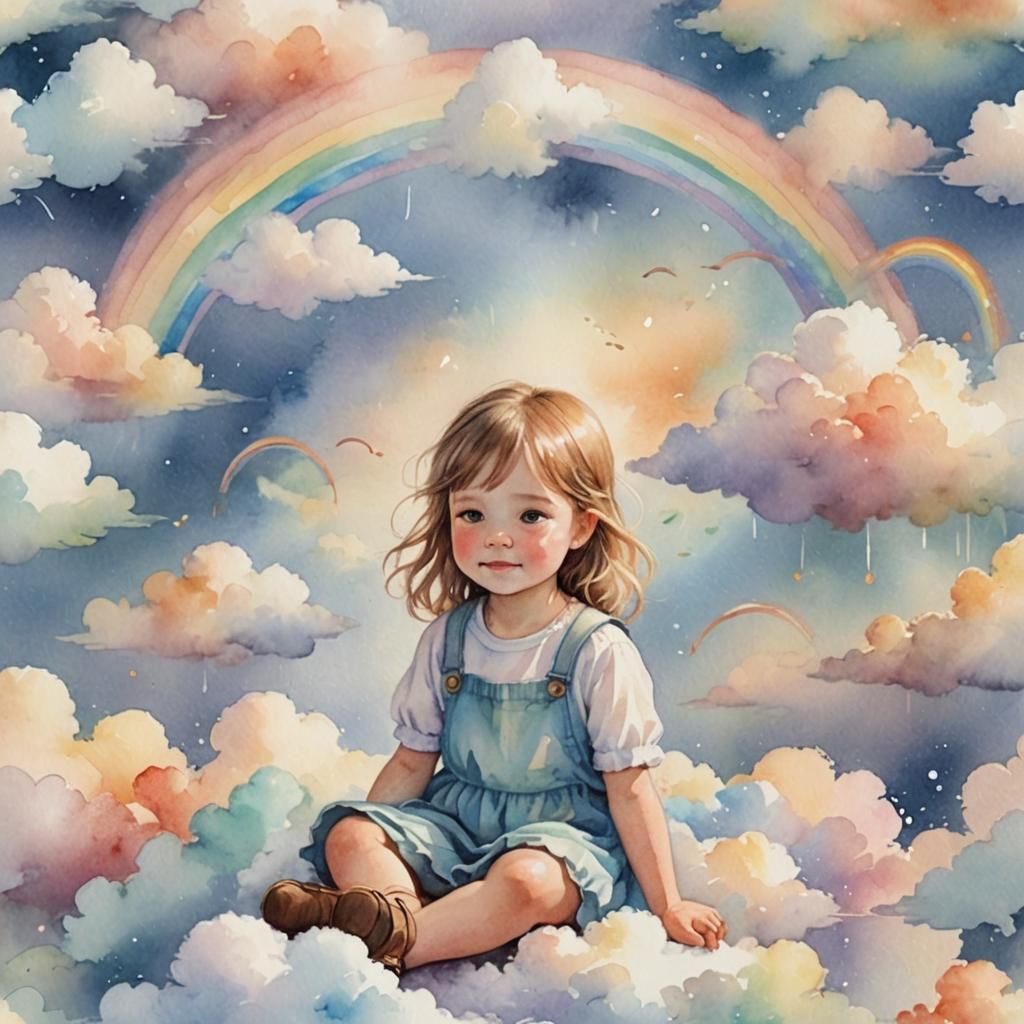 Whimsical Watercolor: Girl on Clouds with Rainbows