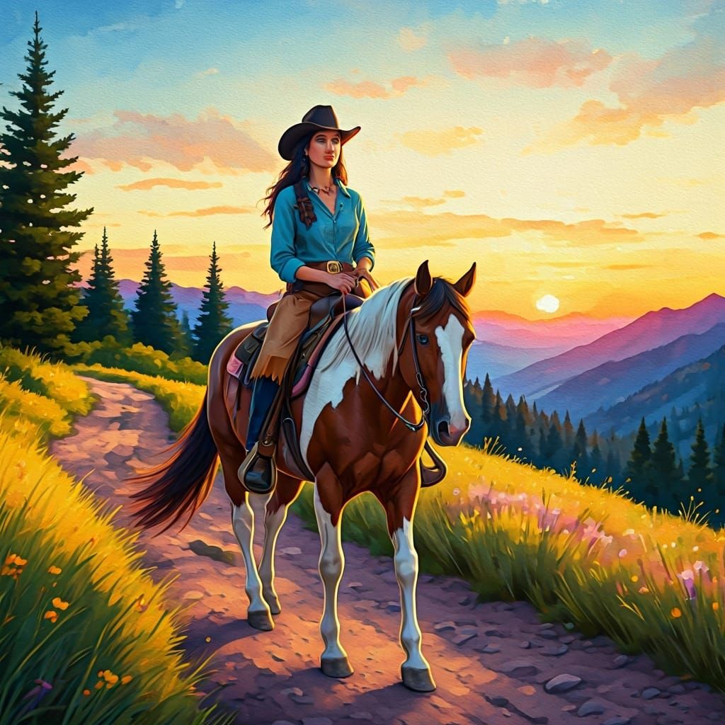 Cowgirl on Horseback: Impressionistic Watercolor Painting