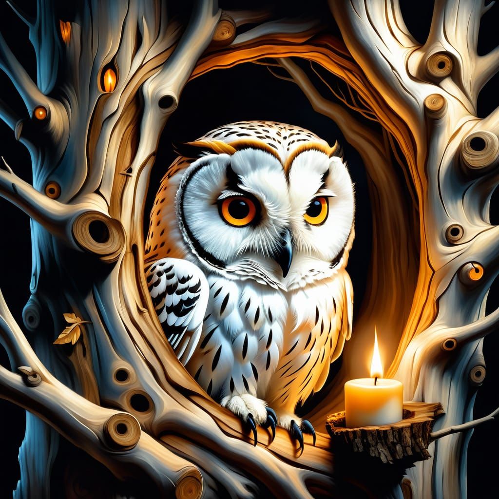 White Owl in Candlelight, Ink Flow Style