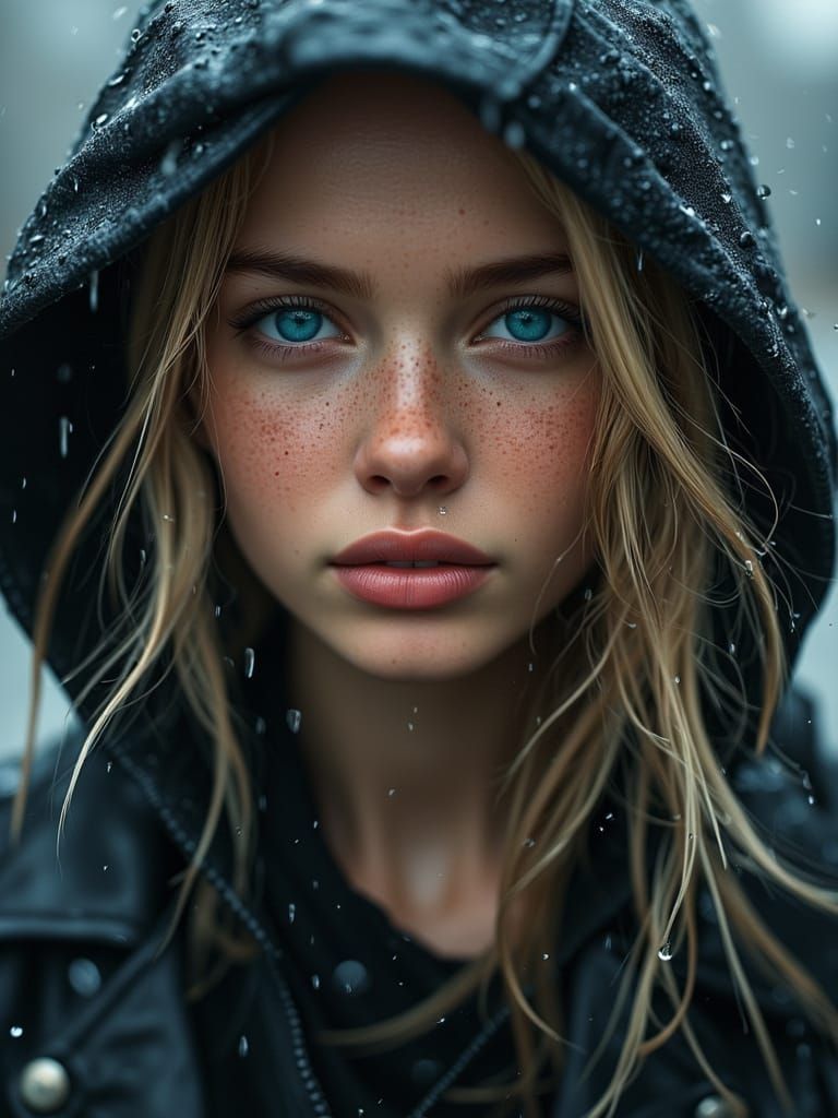 Photorealistic Portrait of Woman in Stormy Rain