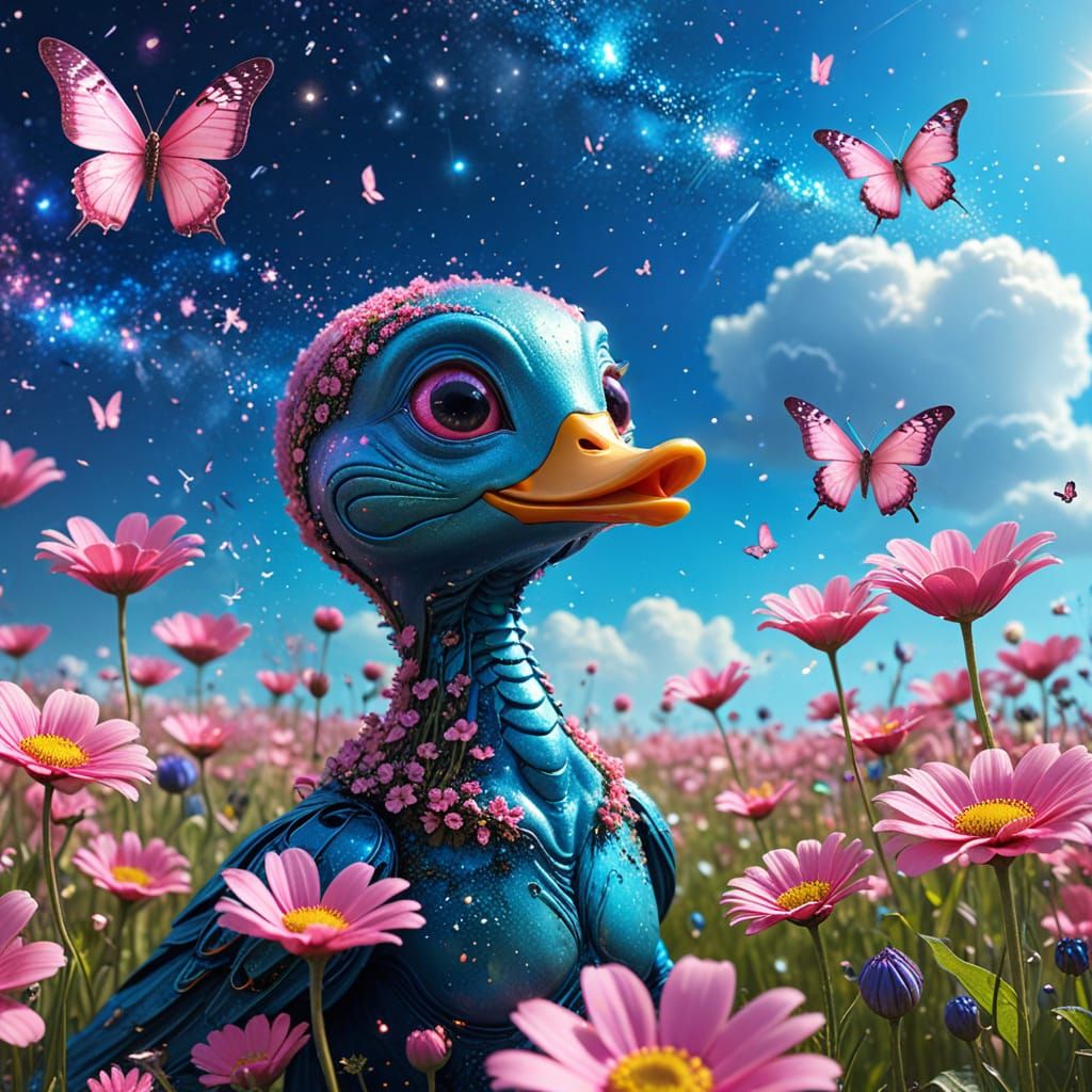 Alien with Duck in Floral Sci-Fi Landscape