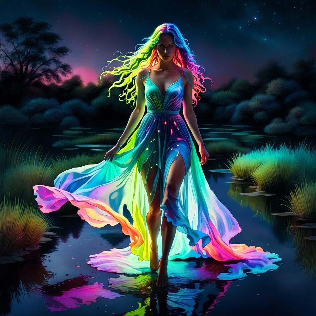 Woman in Flowing Slime Dress at Night