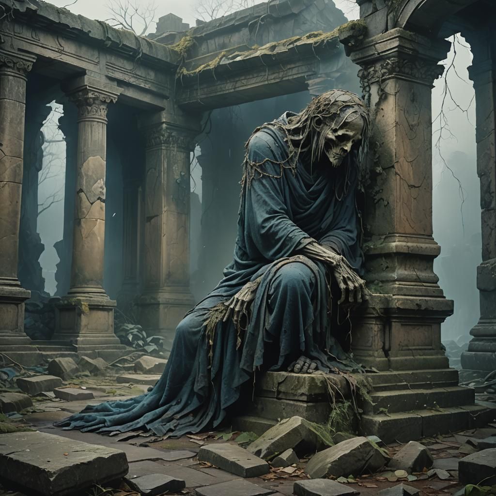 Withered Figure in Ethereal Dark Fantasy Temple